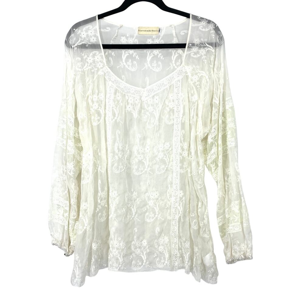 Johnny Was LoveAndLiberty Top XL Off-White Floral Embroidered Sheer Lace V-Neck